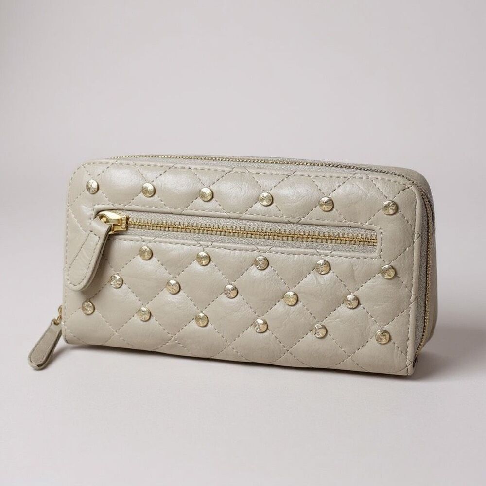 NWOT Solid Light Gray Multi Pocket Studded Wallet with zippers and white studs